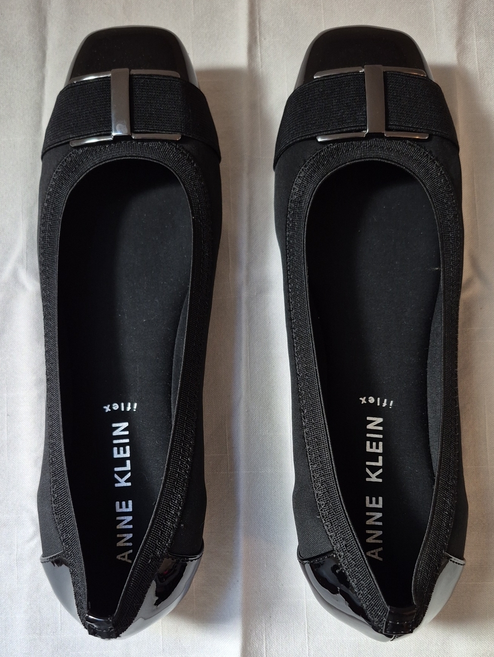Anne Klein Black Elastic Ballet Flats with Patent Cap and Buckle